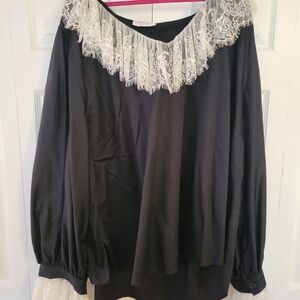 Black Lace-Trim Blouse - Unbranded